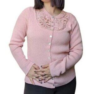 Vintage Victor Costa Pastel Pink Wool Cardigan Sweater Ribbed Knit Womens,2X